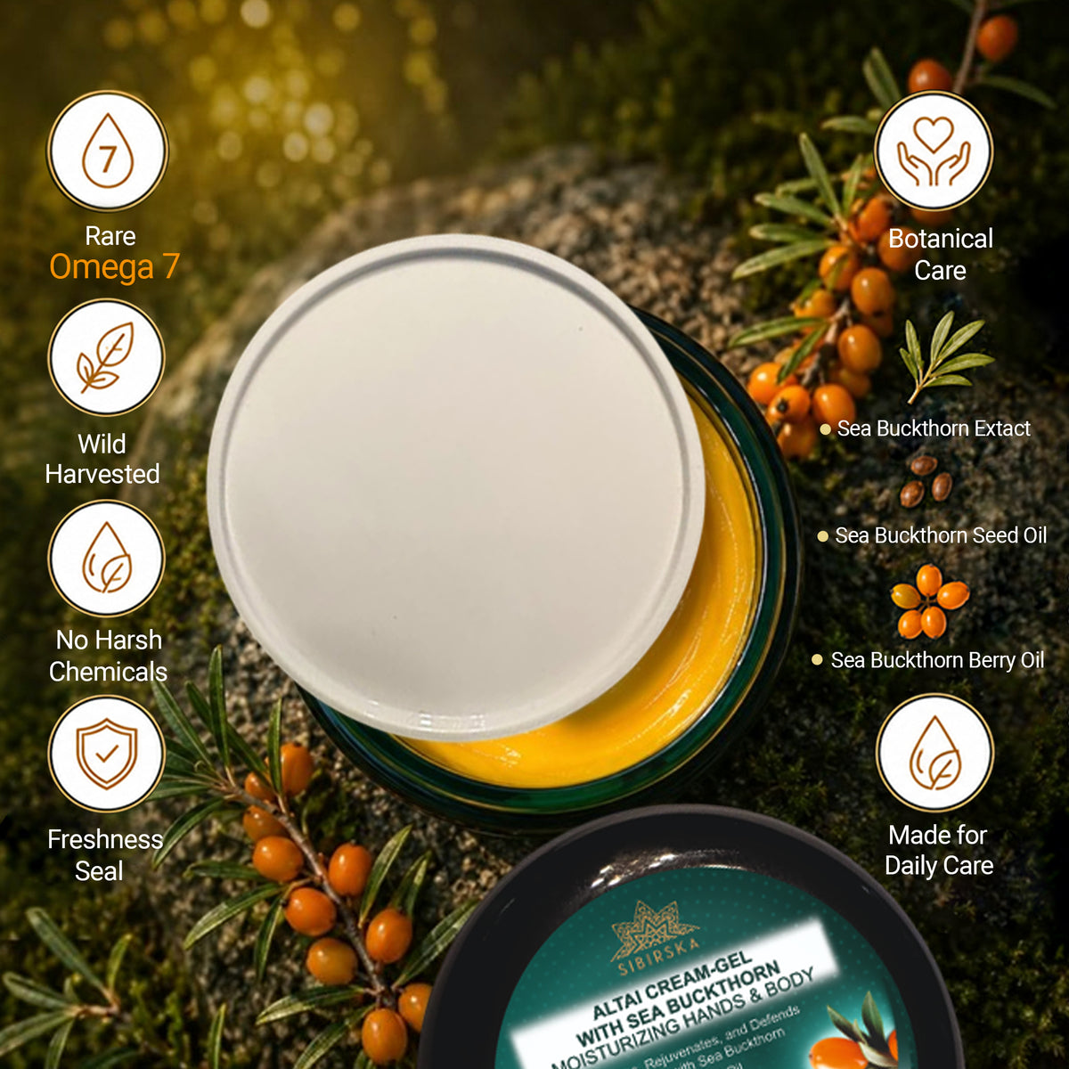 Sibirska Altai Sea Buckthorn Omega 7 Cream Gel 120 g. Hand and Body Moisturiser for Dry Skin