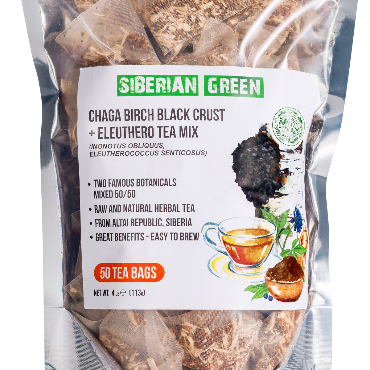 Close-up of Chaga Tea with Eleuthero Root tea bags