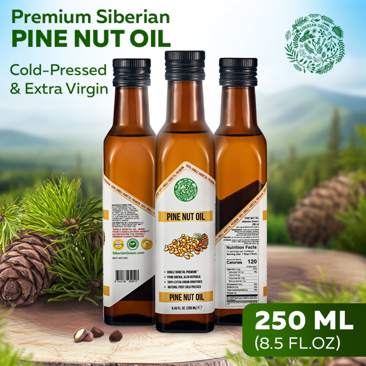Siberian Green Pine Nut Oil – 250ml Cold Pressed (Extra Virgin, Glass Bottle)