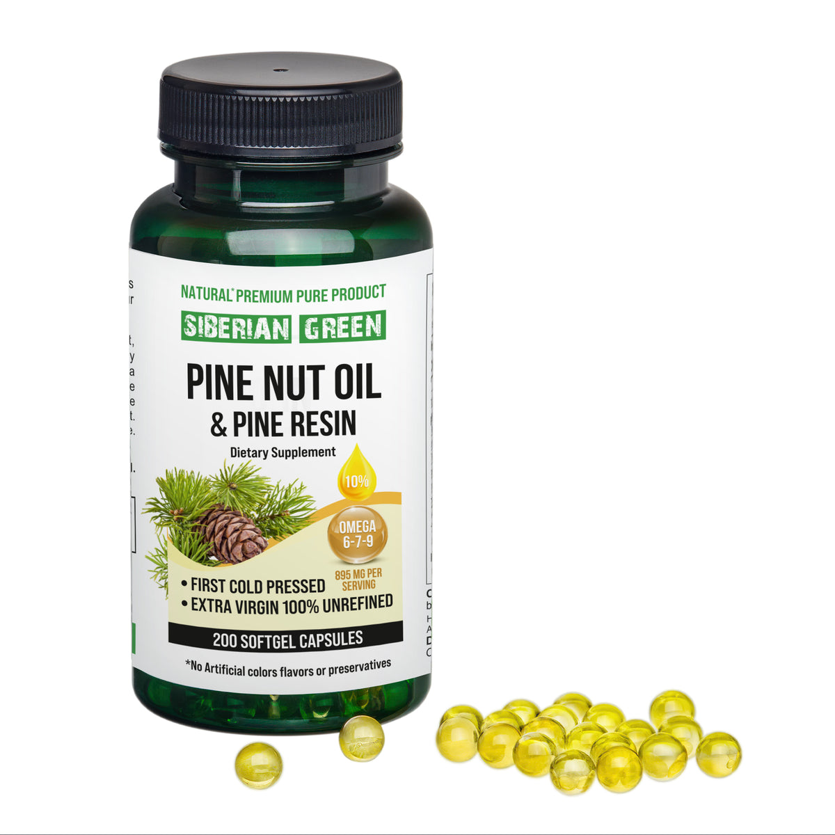 Siberian Green Pine Nut Oil Softgels with Pine Resin – 200 Softgels