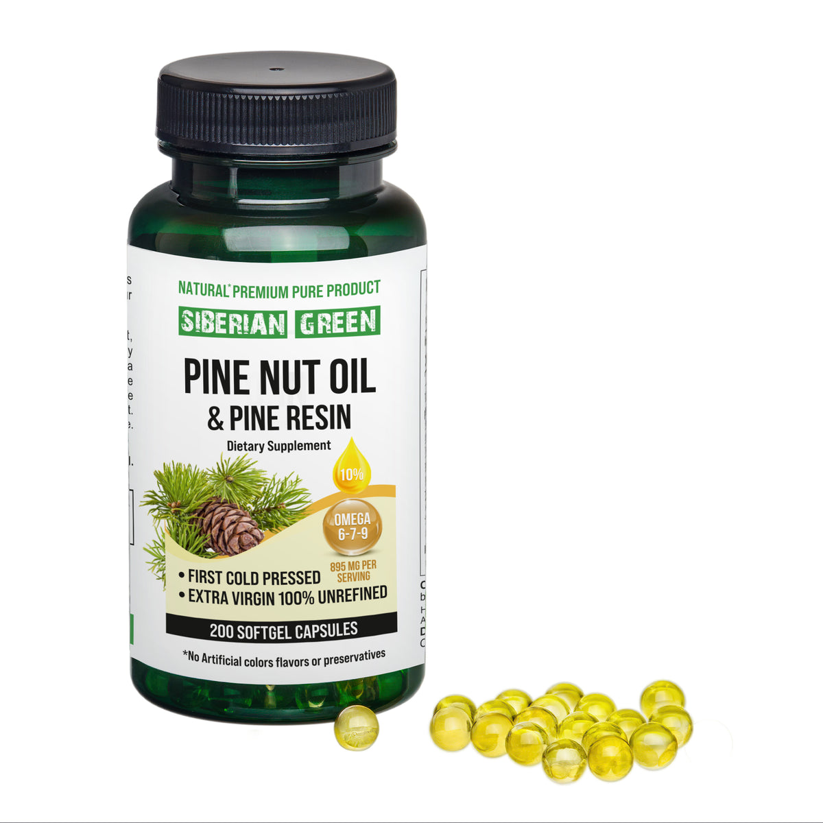 Siberian Green Pine Nut Oil Softgels with Pine Resin – 200 Softgels