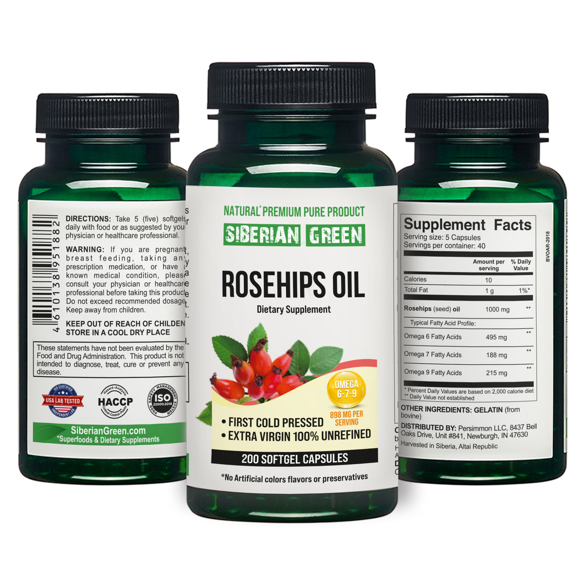 Siberian Green Rosehips Seed Oil Capsules, 200 Softgels packages- Omega, 6, 7, 9, &amp; 9 Rich Oil | Unrefined &amp; Cold Pressed