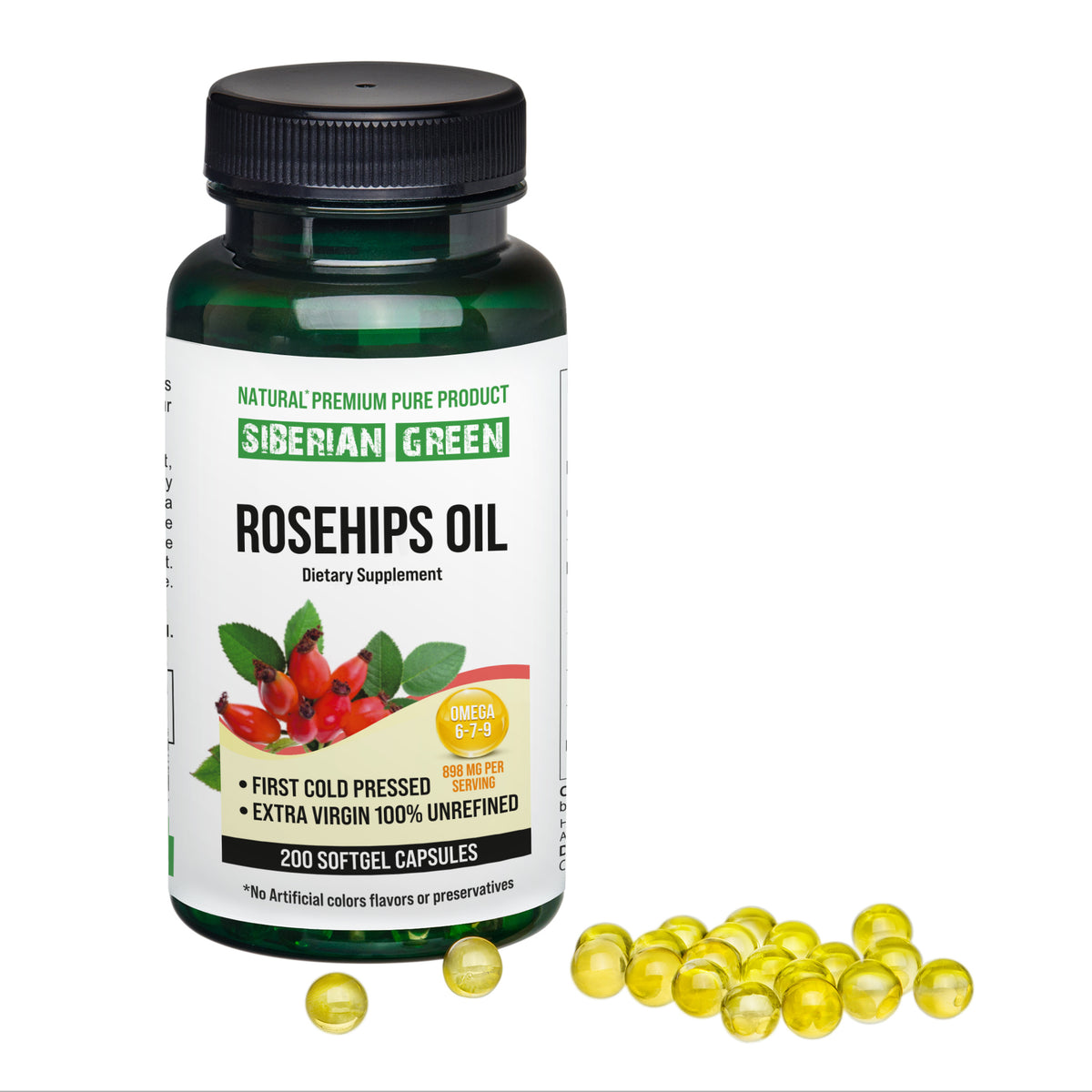 Siberian Green Rosehips Seed Oil Capsules, 200 Softgels packages- Omega, 6, 7, 9, &amp; 9 Rich Oil | Unrefined &amp; Cold Pressed