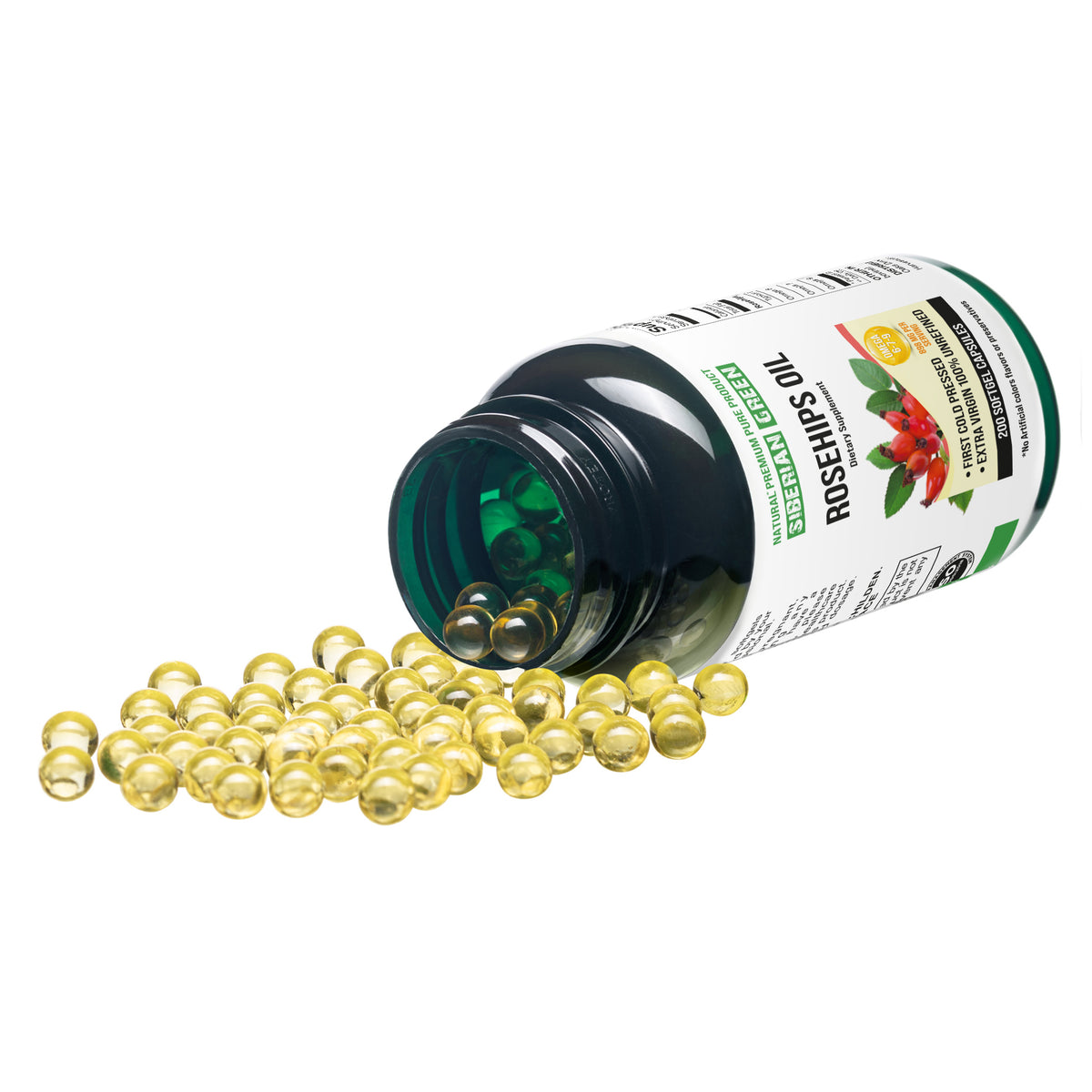 Siberian Green Rosehips Seed Oil Capsules, 200 Softgels packages- Omega, 6, 7, 9, &amp; 9 Rich Oil | Unrefined &amp; Cold Pressed