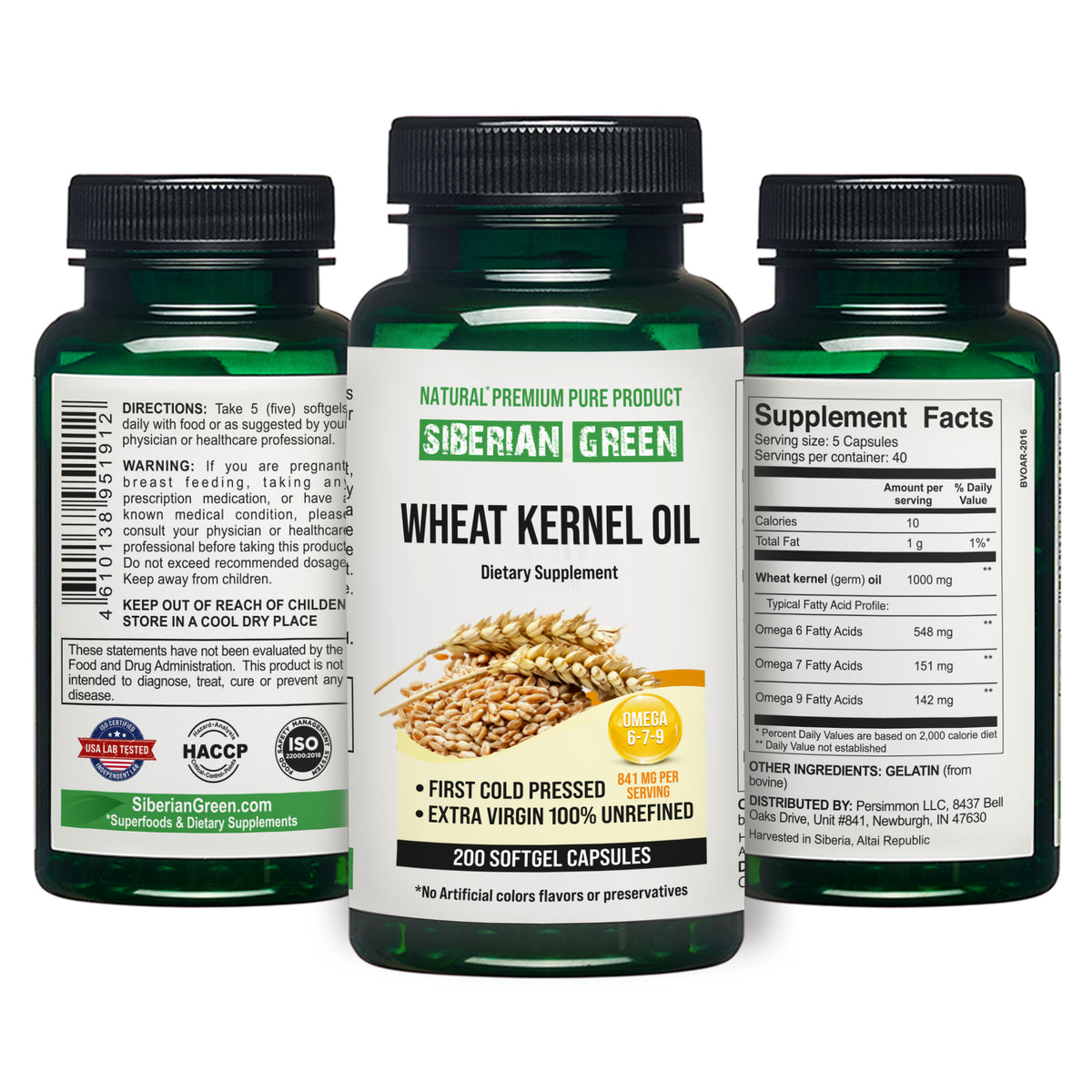 Siberian Green Wheat Kernel Oil Capsules 200 Softgels Wild Harvested Siberia Altai Cold Pressed Unrefined