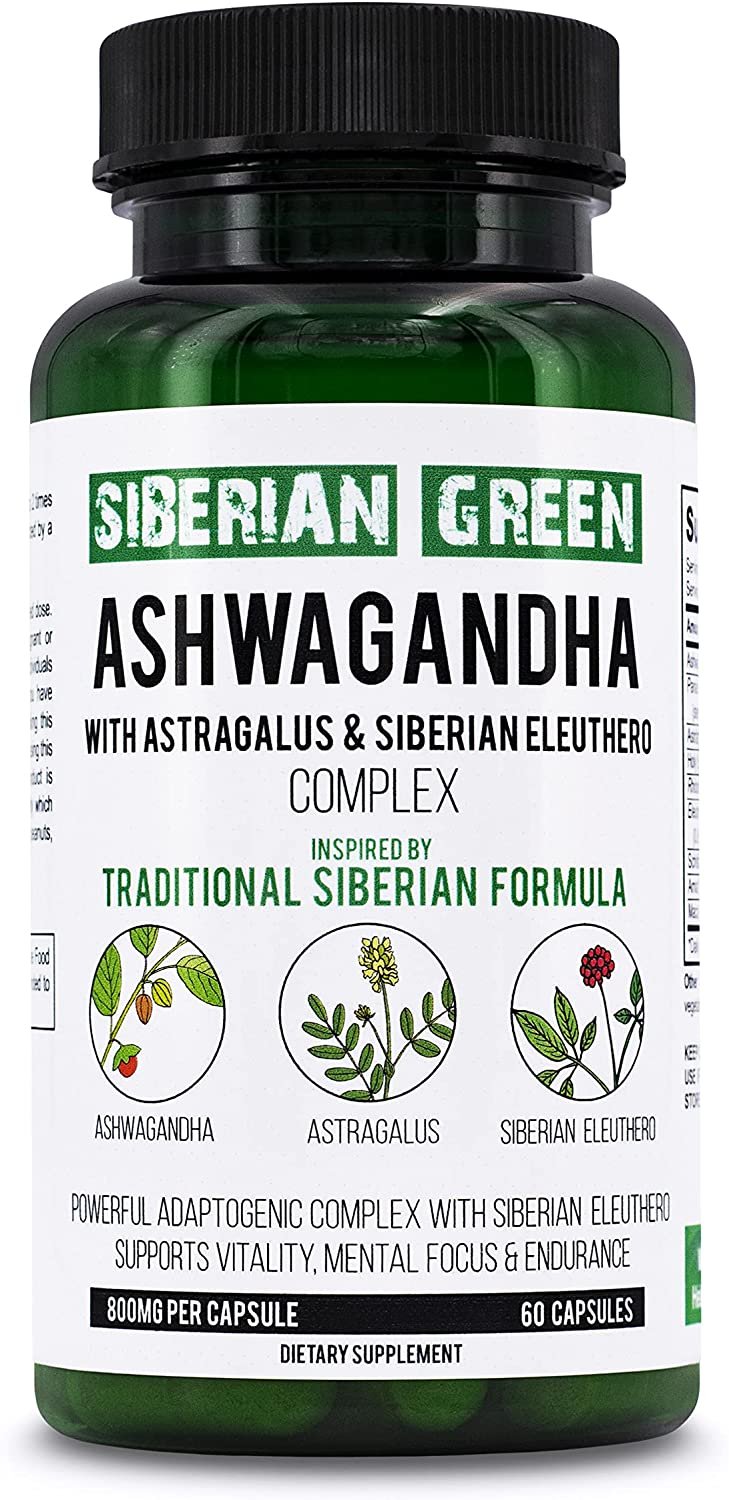 Siberian Green Organic Ashwagandha Root with Astragalus &amp; Siberian Eleuthero Ginseng Complex 60 Capsules Powerful Herbal Support